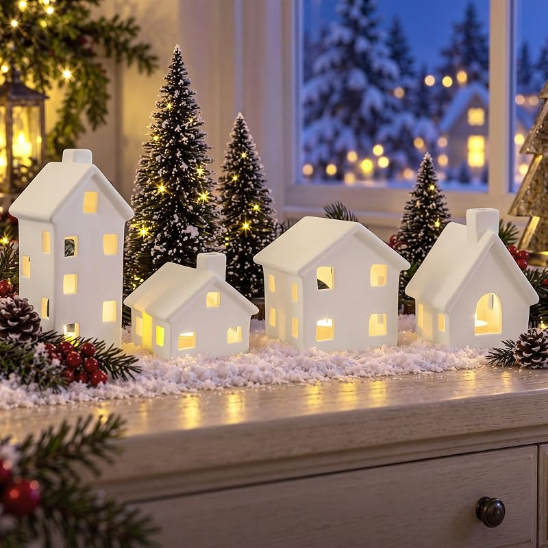 Ceramic Christmas Village Houses Set, 4 Piece Mantel Display