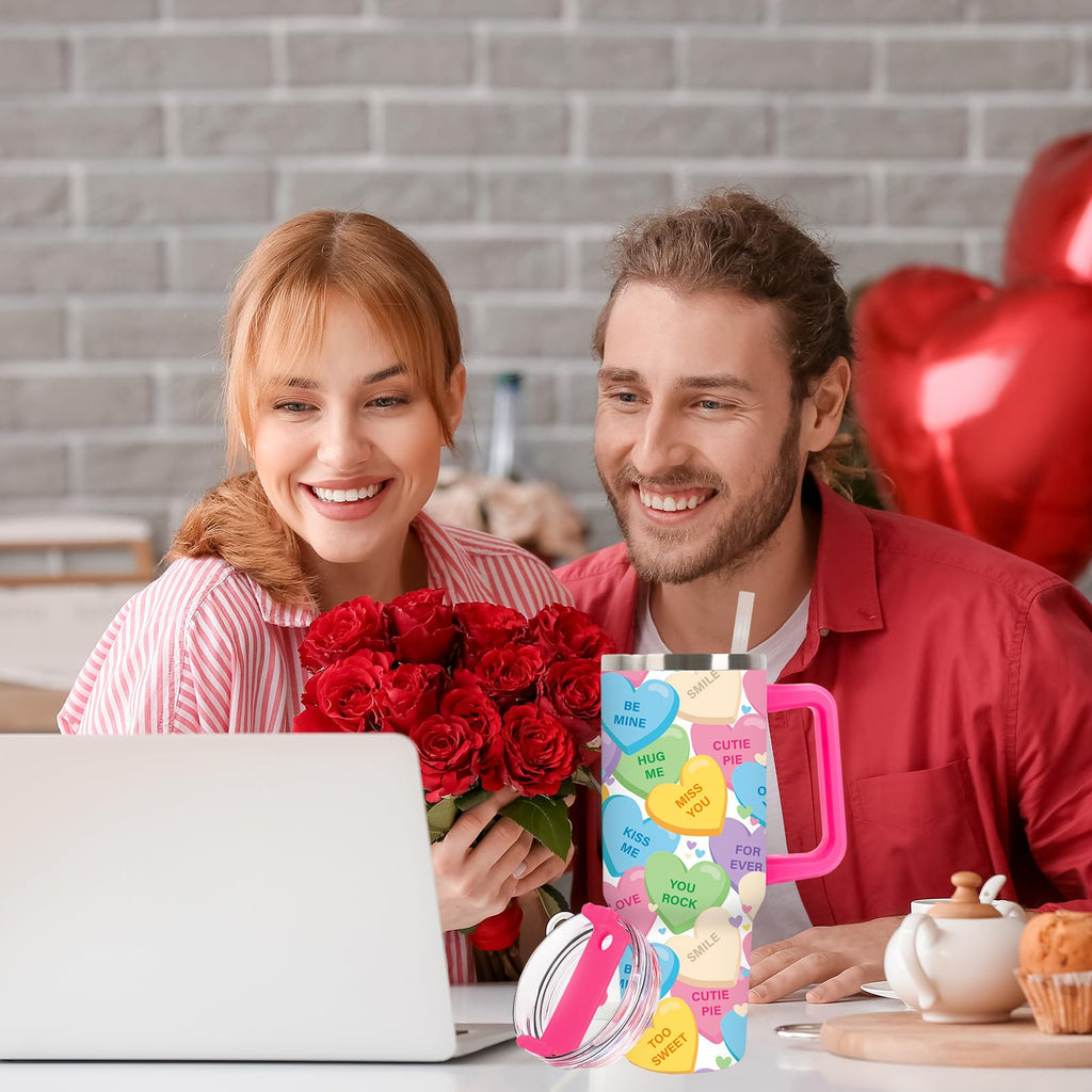 JarThenaAMCS Valentine's Day Tumbler with Lid Straw Stainless Steel Cup 40oz Colorful Conversation Heart Tumbler with Handle for Home Office Travel
