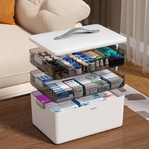 JOYBOS 3-Tier Medicine Storage Box - Portable First Aid Kit Organizer with Leather Handle for Home Use