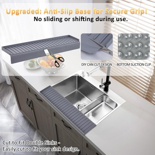 AyNirser Sink Edge Protector with Suction Cup 14" 20" 24" 30", Silicone Sink Splash Guard for Kitchen & Bathroom, Protect Countertop from Scratches, Stains, for Stainless Steel Granite Quartz-Grey