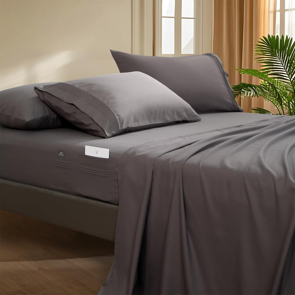 Popfavor Deep Pocket King Fitted Sheet - Fits Mattresses Up to 21" Thick - 4 Piece Bed Sheets - Moisture Wicking, Cooling & Soft Fitted Sheet & Pillow Cases (Grey)