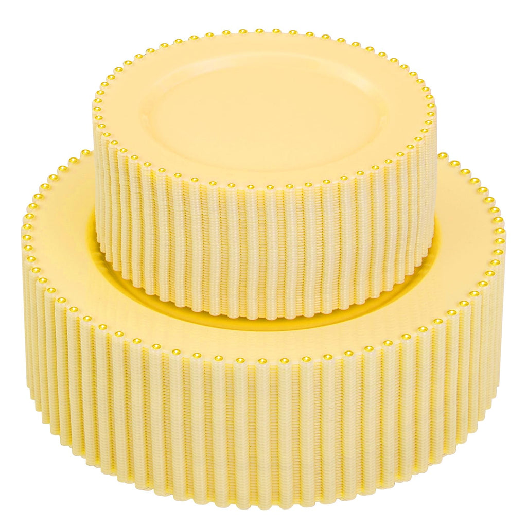 Supernal 100pcs Yellow Plastic Plates,Heavy Duty Plastic Plates,Yellow Party Decorations with Gold Beaded Including 50 Dinner Plate and 50 Disposable Dessert Plate,Pretty Disposable Platos for Wedding