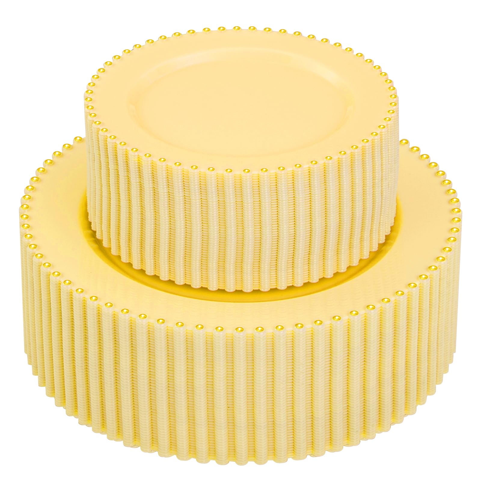 Supernal 100pcs Yellow Plastic Plates,Heavy Duty Plastic Plates,Yellow Party Decorations with Gold Beaded Including 50 Dinner Plate and 50 Disposable Dessert Plate,Pretty Disposable Platos for Wedding
