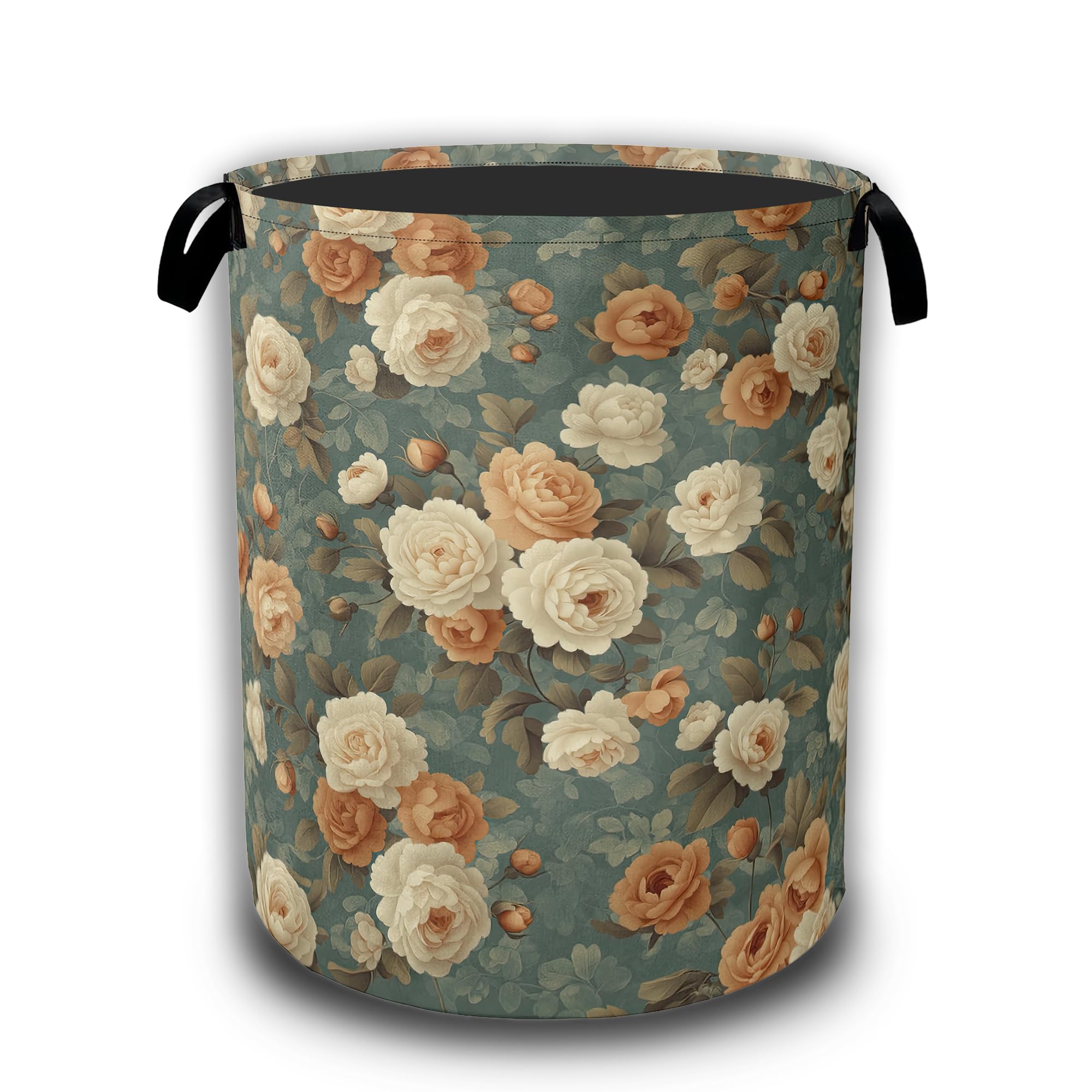 Vintage Rose Flower Laundry Hamper,Retro Floral Collapsible Laundry Baskets Waterproof Oxford Cloth With Handles,Clothes Storage Bucket Toy Organizer For Bathroom/Nursery/Bedroom 16" x 20.8"