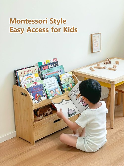 Lavenix Bamboo Kids Bookshelf 3-Tier with Drawer, Scalloped Front Facing Montessori Book Shelf and Toy Storage for Toddler Kids Rooms, Baby Nursery, Classroom
