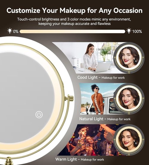 Matekxy 8" Lighted Makeup Mirror with Magnification - 1X/10X Magnifying Desk Mirror with Rechargeable LED Lights, 3 Colors Dimmable Tabletop Mirror, Brass Gold