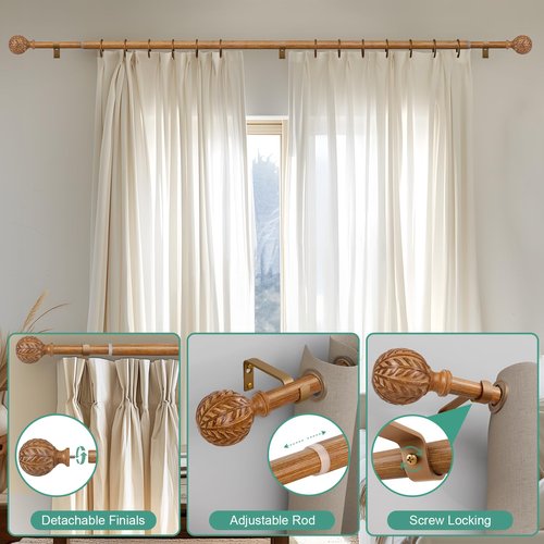 QDWIS Wood Curtain Rods for Windows 66 to 120 Inch, 1'' Adjustable Decorative Drapery Rods with Imitation Wood Grain Leaf Pattern Finials, Boho Heavy Duty Long Window Curtain Rods Set 36''-120''
