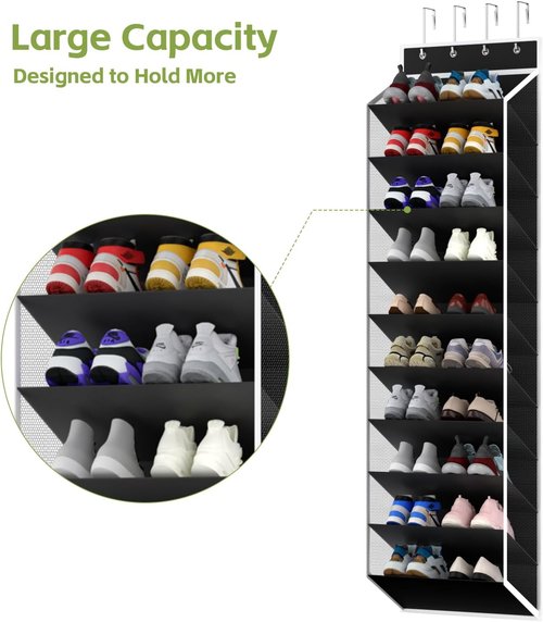 KEEPJOY Over Door Shoe Organizer - 10 Tiers Mesh Storage with Deep Pockets for 20-30 Pairs - Black