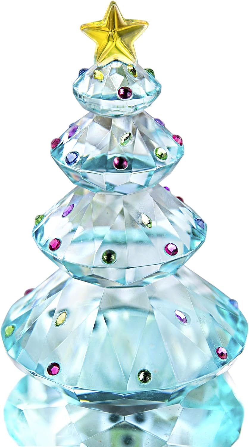 QFkris Crystal Christmas Tree Figurine - 3.5" Glass Paperweight Table Ornament | Blue Holiday Gift