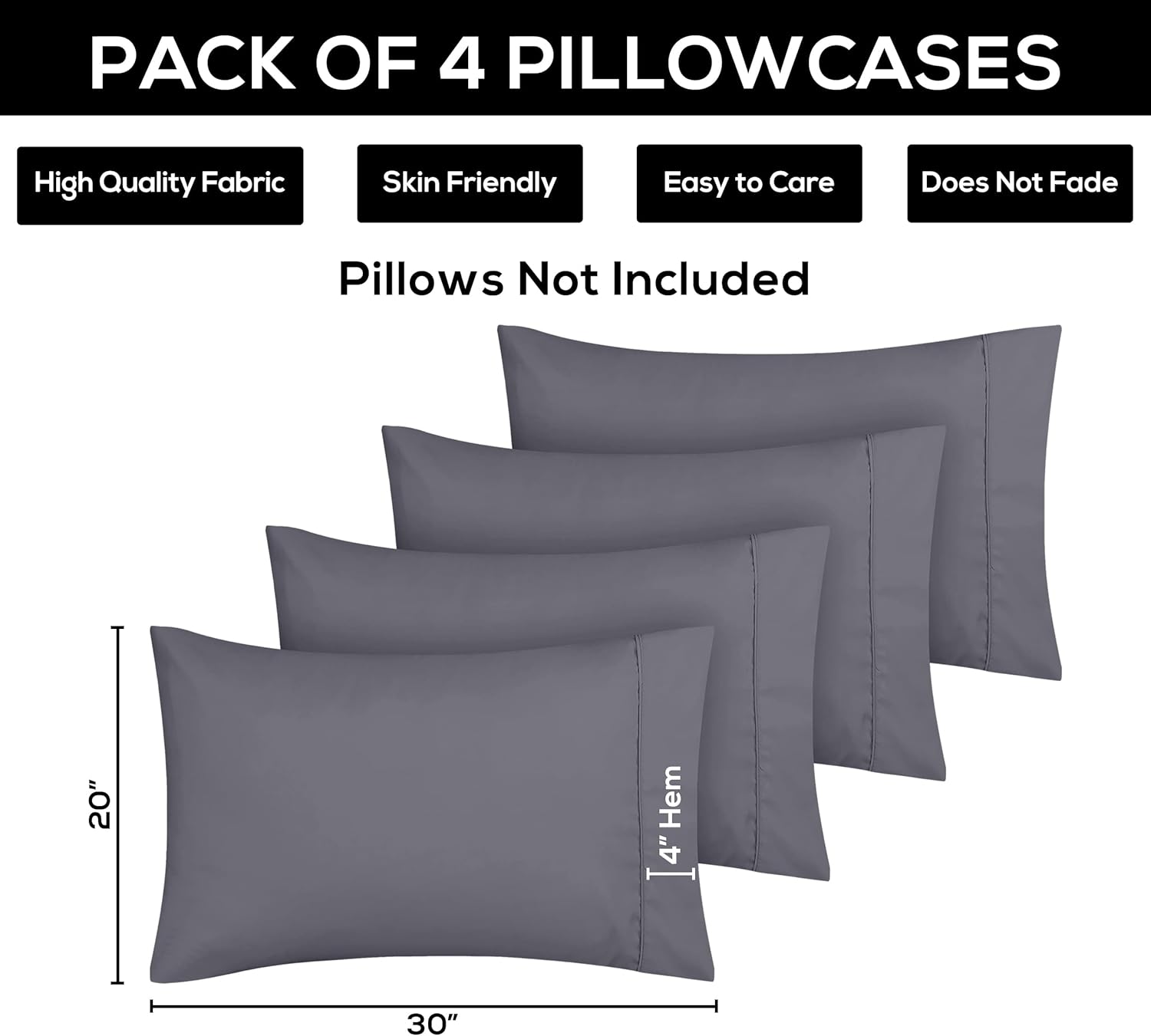 Utopia Bedding Queen Pillow Cases - 4 Pack - Soft Brushed Microfiber - Fade Resistant 20x30 Inches | Grey