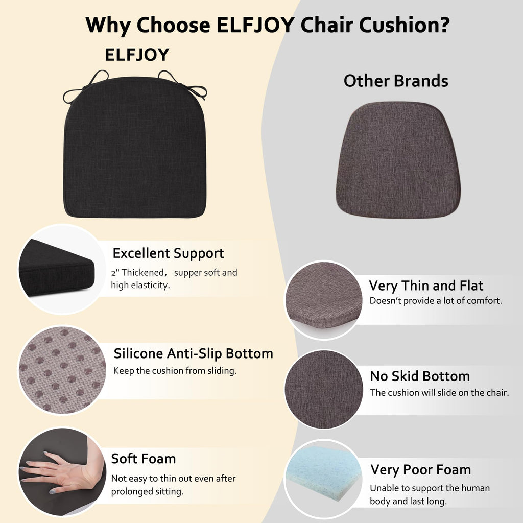 ELFJOY Chair Cushions for Dining Chairs Non-Slip Kitchen Chair Cushions Set of 6 Seat Cushion with Ties for Indoor Kitchen Dining Office Black