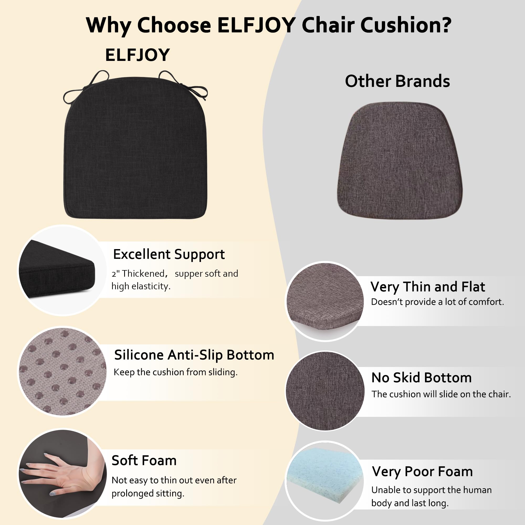 ELFJOY Chair Cushions for Dining Chairs Non-Slip Kitchen Chair Cushions Set of 6 Seat Cushion with Ties for Indoor Kitchen Dining Office Black