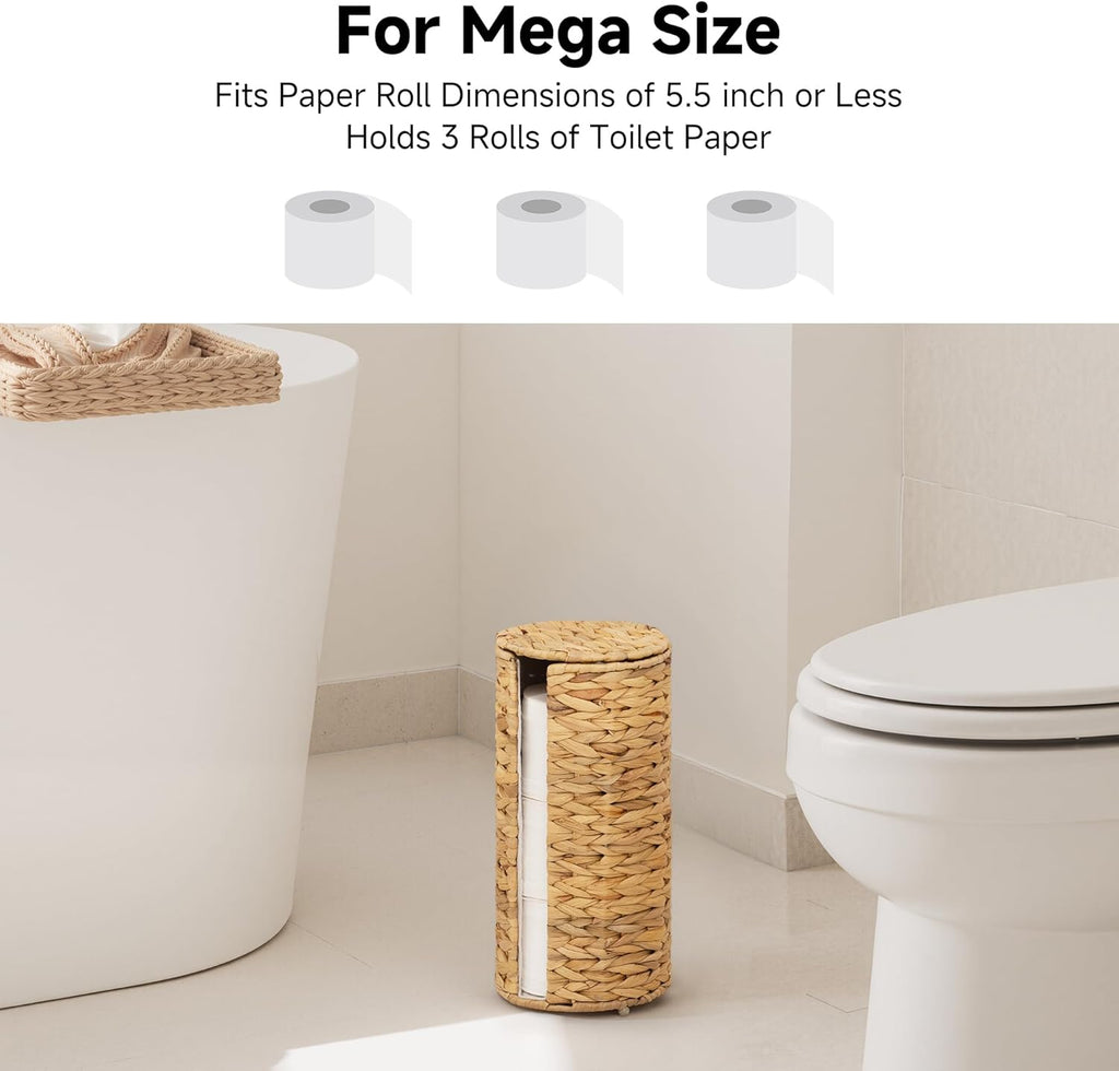 StorageWorks Toilet Paper Holder Stand - Free Standing Water Hyacinth Design with Lid for 3 Rolls
