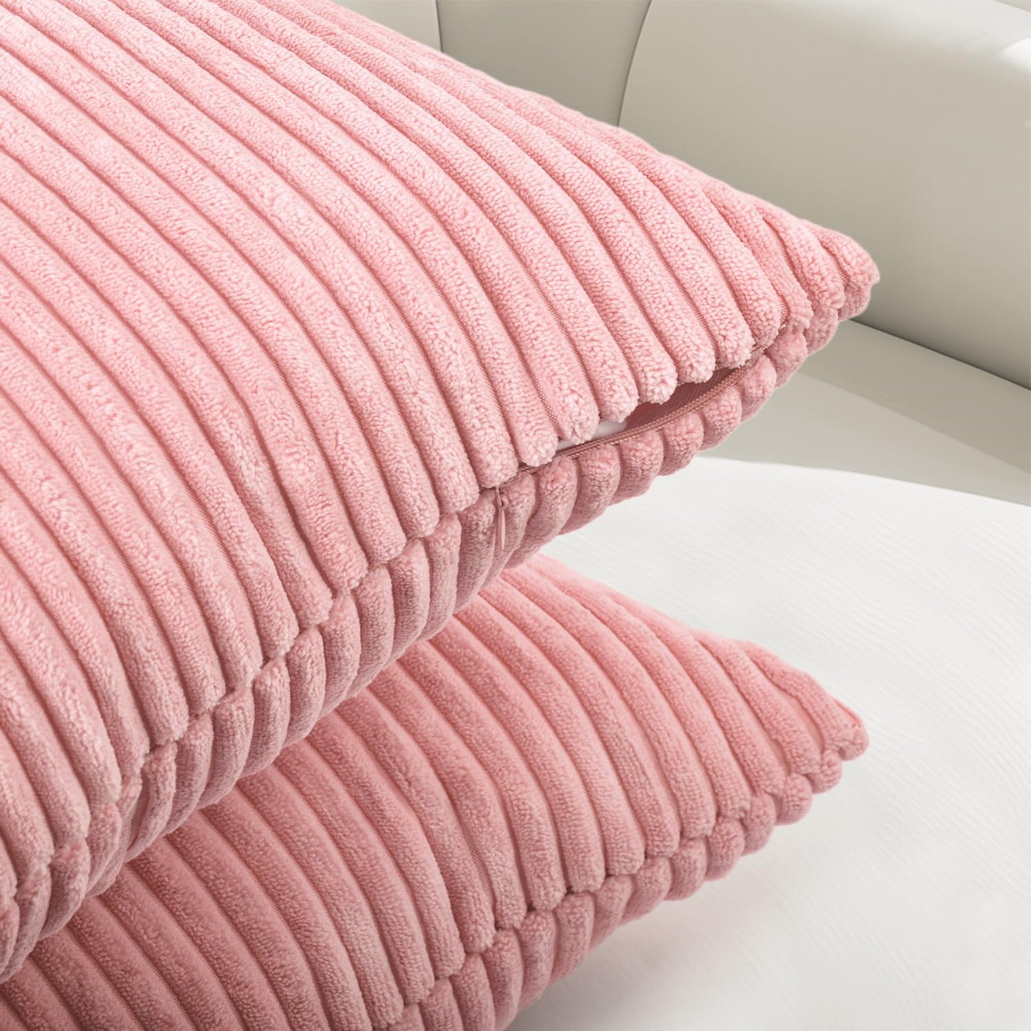 Pack of 2 Sakura Pink Corduroy Decorative Throw Pillow Covers 18x18 Inch Striped Spring Cushion Covers Cozy Boho Pillowcase Farmhouse Home Decor Soft Accent Cushion Case for Couch Sofa Bed 45x45 cm