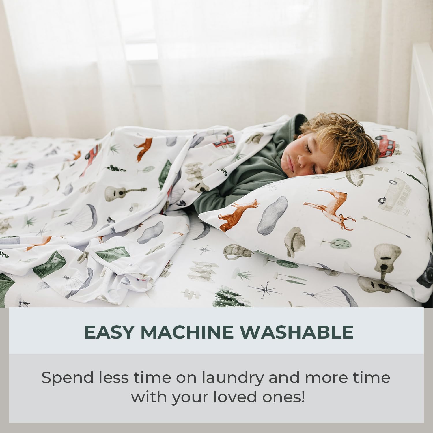 Pobibaby Premium Twin Full Sheets Sets, Kids Double Bed Sheets in Cotton Blend | Ultra-Soft Woodland Camping Print with Fitted Sheet, Flat Sheet & Pillowcases (Twin Explore)