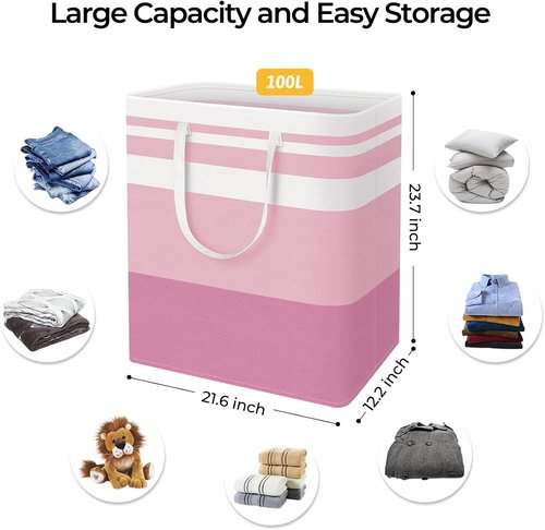 HomeHacks Large Waterproof Laundry Baskets - Collapsible Hampers with Reinforced Handles | Grey & Pink, 100L Each