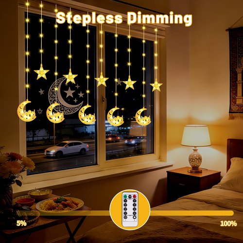 Ramadan Lights Decorations,130 LED Ramadan Decorations for Home 2026,Moon and Star Curtain String Lights with Remote Timer,8 Lighting Modes,Eid Decorations for Indoor Window Bedroom Party Holiday