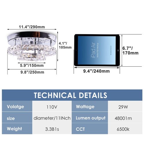 CXGLEAMING Modern Crystal Chandelier LED Flush Mount Ceiling Light Fixture 11.4" Round Small Crystal Ceiling Lights for Bedroom Kitchen Hallway (Cool White)