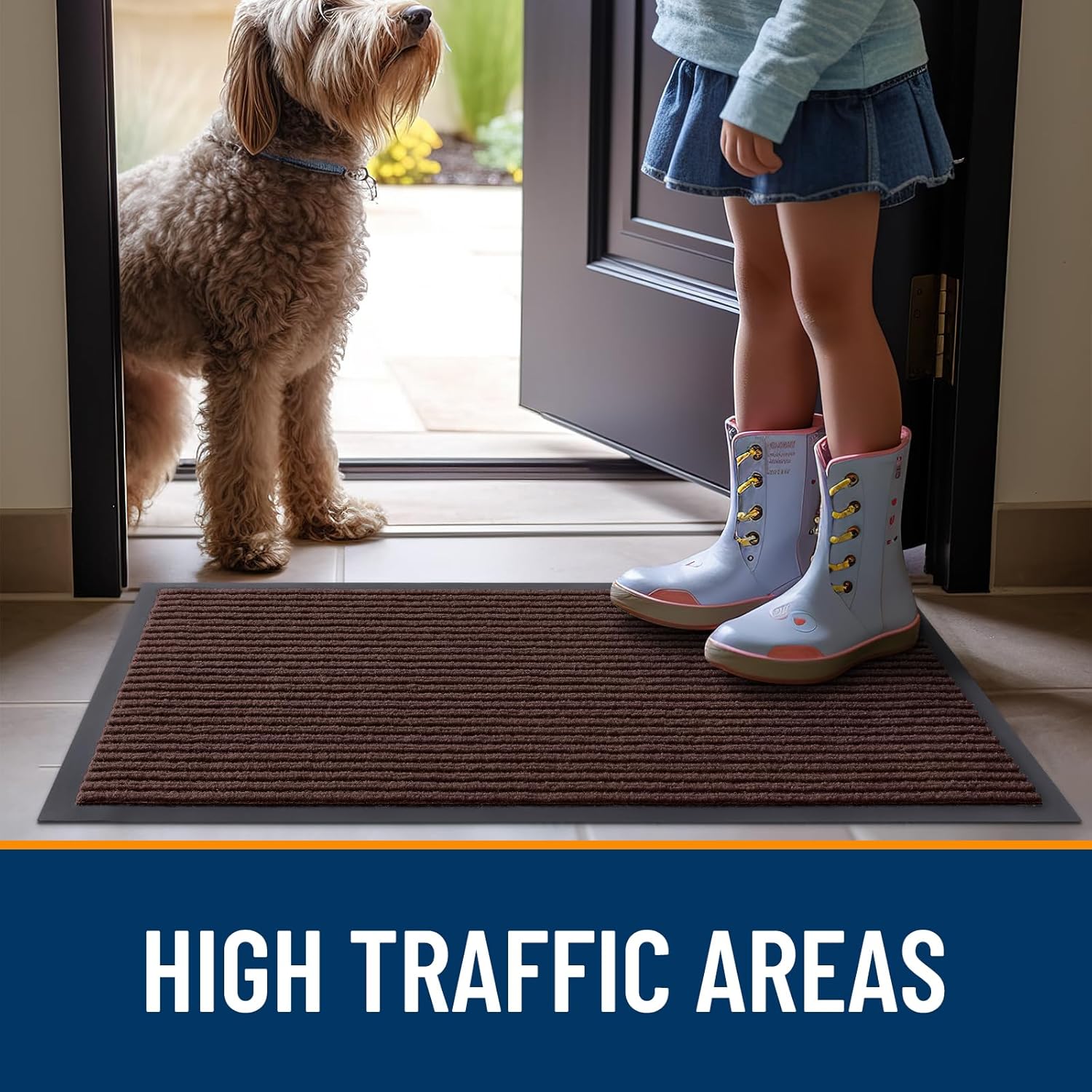 OLANLY Heavy Duty Waterproof Front Door Mat - 2-Pack 29.5 x 17 Inch, Fade Resistant, Easy Clean, Brown