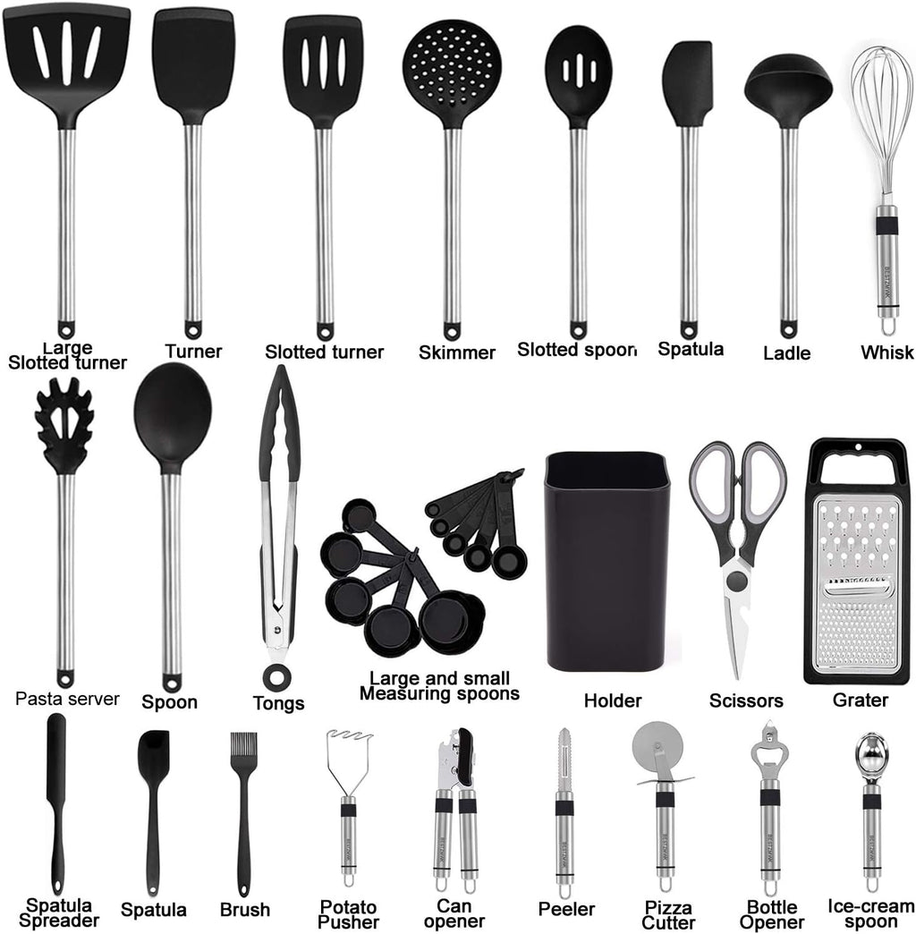 Skiennix Silicone Cooking Utensil Set - 33 Essential Kitchen Gadgets for Nonstick Cookware | Durable Spatula & Spoon Collection