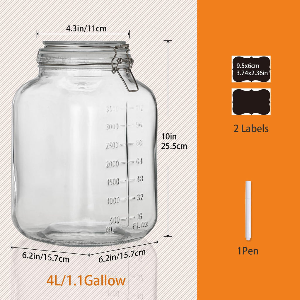 ZALSSKE 1.1 Gallon Large Glass Food Storage Jars with Airtight Lids,Set of 2 Square Wide Mouth Airtight Glass Storage Container,135oz Kitchen Mason Jar with Measurement Mark,for Flour Sugar Canning.
