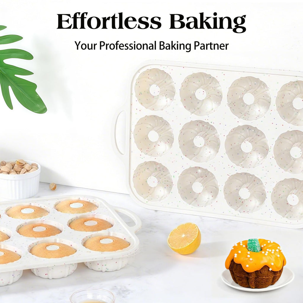 Vinino Silicone Mini Fluted Tube Cake Pans with Metal Reinforced Frame, 12-Cavity Mini Flan Molds, Non-stick Cupcakes Pans for Baking, Donuts, Muffins, Cornbread, Brownies, Jellies