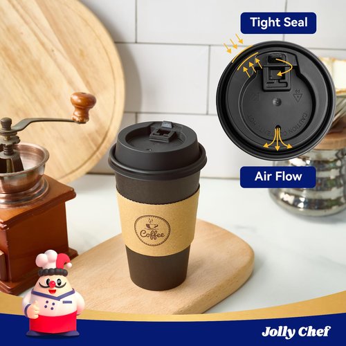 JOLLY CHEF 16 oz Coffee Cups-100 Pack, Disposable Black Hot Paper Cups with Lids, Sleeves and Stirrers for all Kinds of Beverages