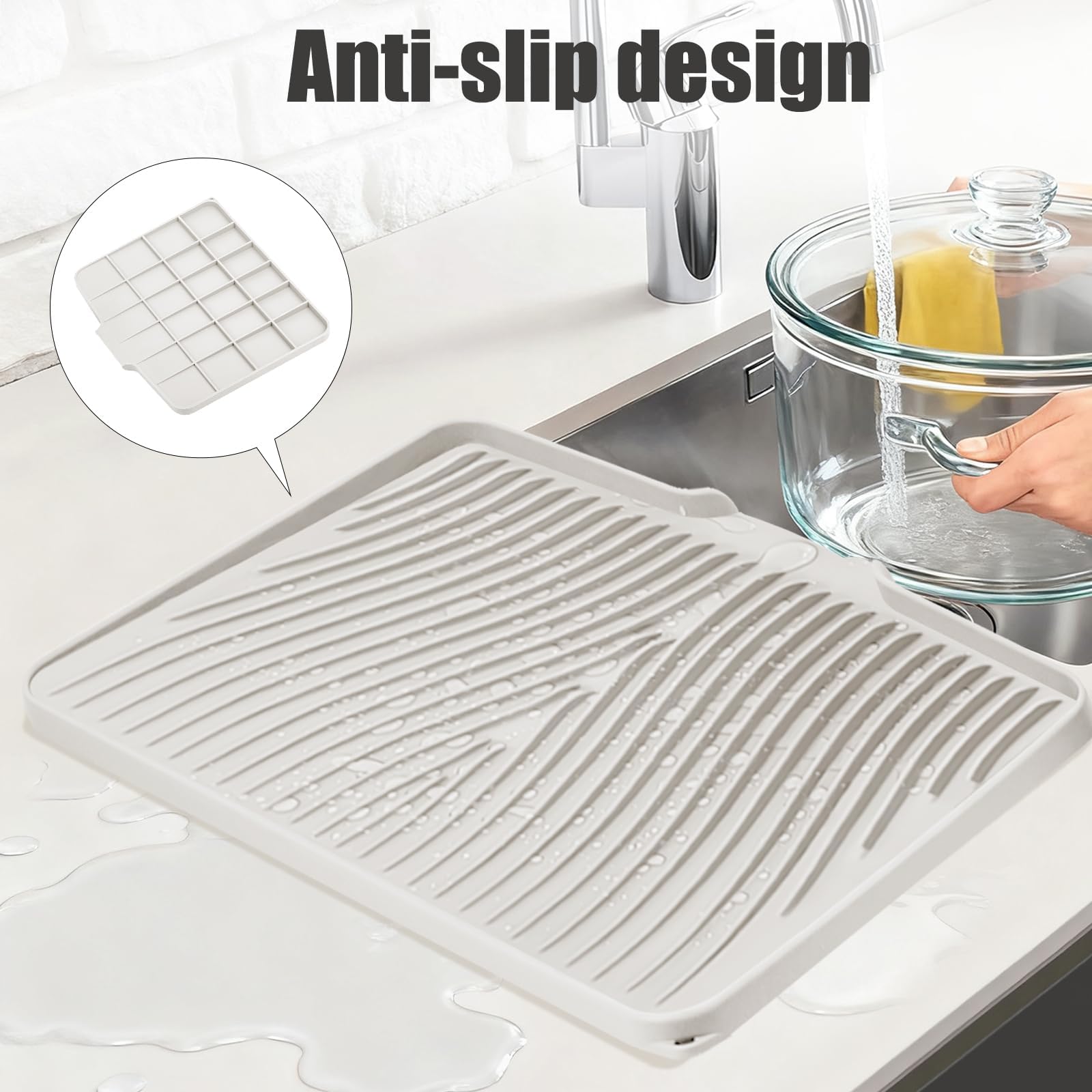 TIKNIK Silicone Dish Drying Mat, Stone Drying Mat for Kitchen Counter with Built-In Drain, Non-Slip Drain Pad with Built-in Drain, Heat Resistant Stone Drying Mat, Hangable, Cream-1pcs, 16" x 12"