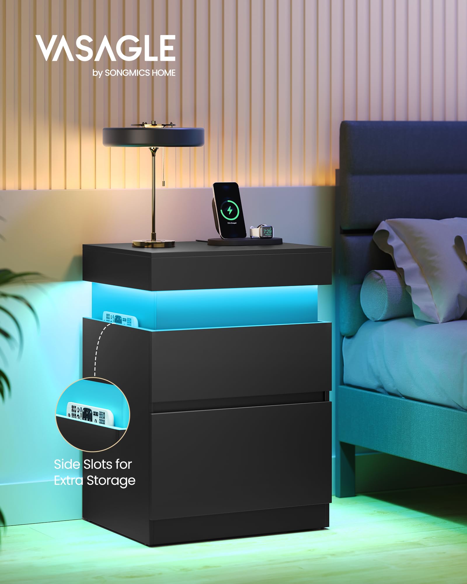 VASAGLE Kailyn Collection - Nightstand with Power Outlets, Sliding Lid, Modern Bedside Table with LED Lights, End Table, 2 Drawers, 15.7 x 18.9 x 26.8 Inches, Ink Black ULET650BC01S