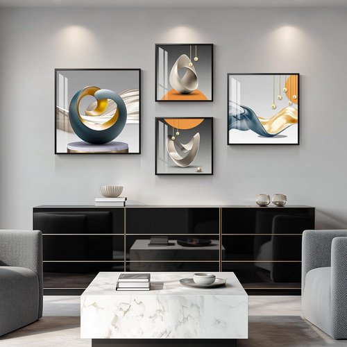 Abstract Luxury Geometric Wall Art Set by [Brand Name] - 4 Framed Prints in Orange, Gray & Gold for Modern Living Spaces