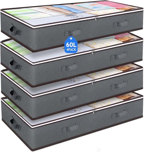 Budding Joy 60L Under Bed Storage Containers - Foldable Organizers with Clear Lids for Clothes & Blankets