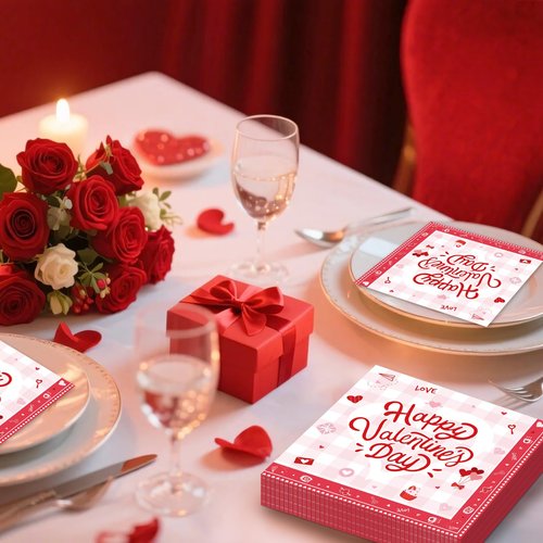 40 Pack Valentine’s Day Paper Napkins – 13 x 13 Inches Disposable Napkins with “Happy Valentine’s Day” Lettering, Hearts, and Love Icons for Valentine’s Parties, Weddings, and Romantic Dinners