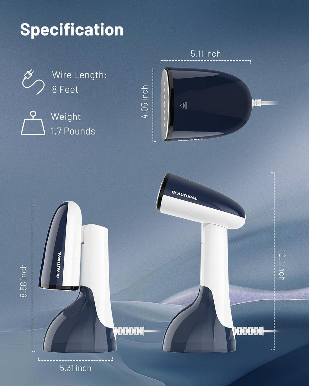 Beautural Portable Clothes Steamer - Fast 35-Second Heat-Up, Large Detachable Water Tank, Blue