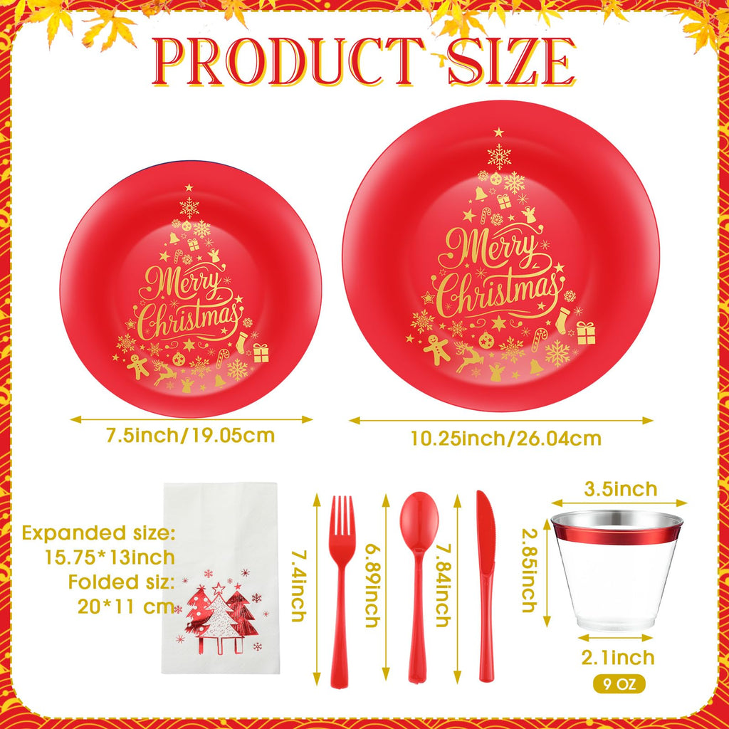 Shellwei 280 Pcs Plastic Dinnerware Set, Disposable Plates Includes 40 Dinner Plates 40 Cups 40 Dessert Plate 40 Papers Napkins 40 Forks Knives Spoons for Party (Christmas)