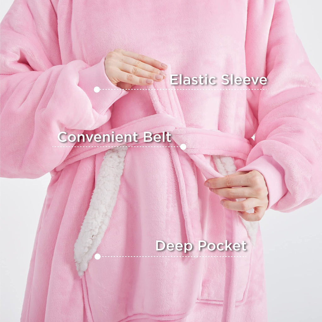 Bedsure Oversized Blanket Hoodie - Long-length Wearable Hooded Blanket Sweatshirt with Side Split, Belt and Big Hood, Giant Warm Sherpa Sweater Blanket Jacket, Pink