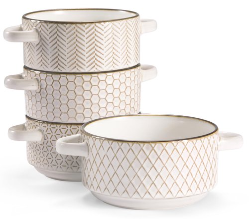 KooK Ceramic Soup Bowls with Handles, Embossed, for French Onion Soup, Pastas, Ramen, Stews, Microwave & Dishwasher Safe, Ivory with Hand-Painted Rim, Set of 4, 24 oz, Narbonne Collection