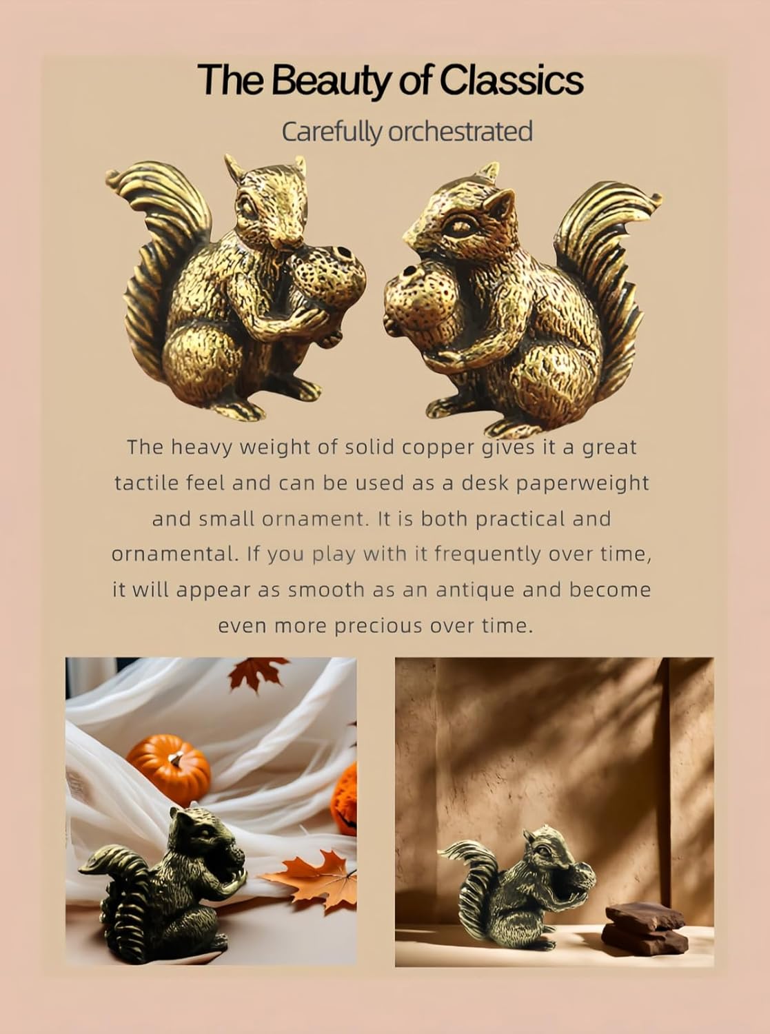 Vintage Bronze Squirrel Statue - Hand-Polished Solid Copper Desk Decor & Paperweight | Perfect Gift for Home Office (41mm)