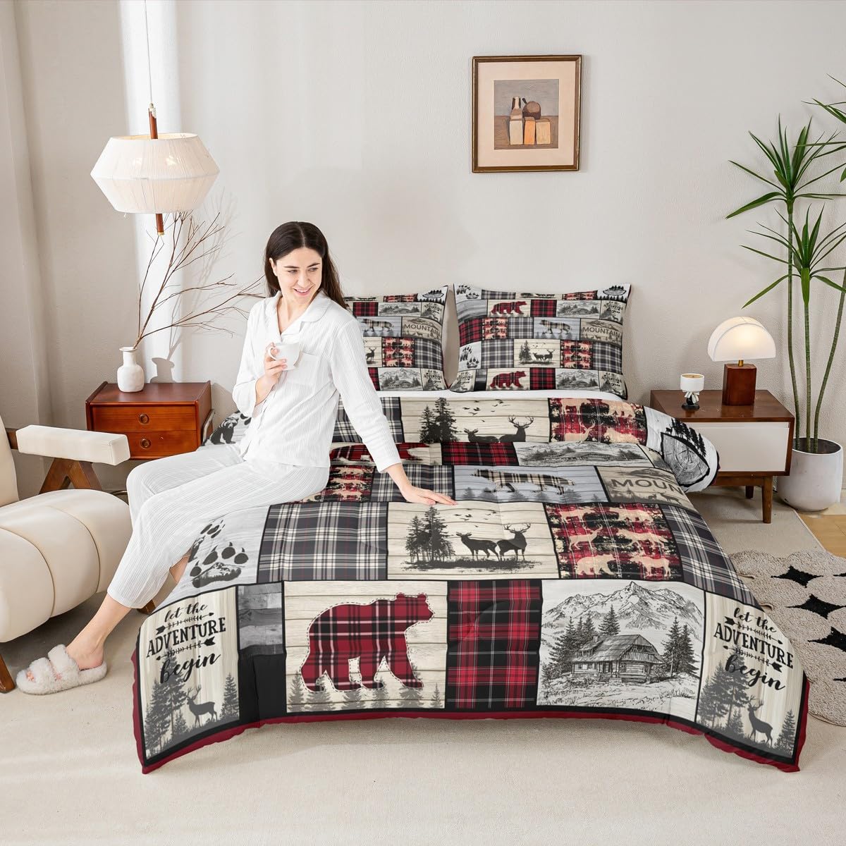 Rustic Cabin Comforter Set Full Woodland Wolf Deer Bear Comforter For Kids Adults,Red Black Buffalo Plaid Bedding Set Wildlife Camping Lodge Mountain Quilt Bedding Southwestern Farmhouse Decor