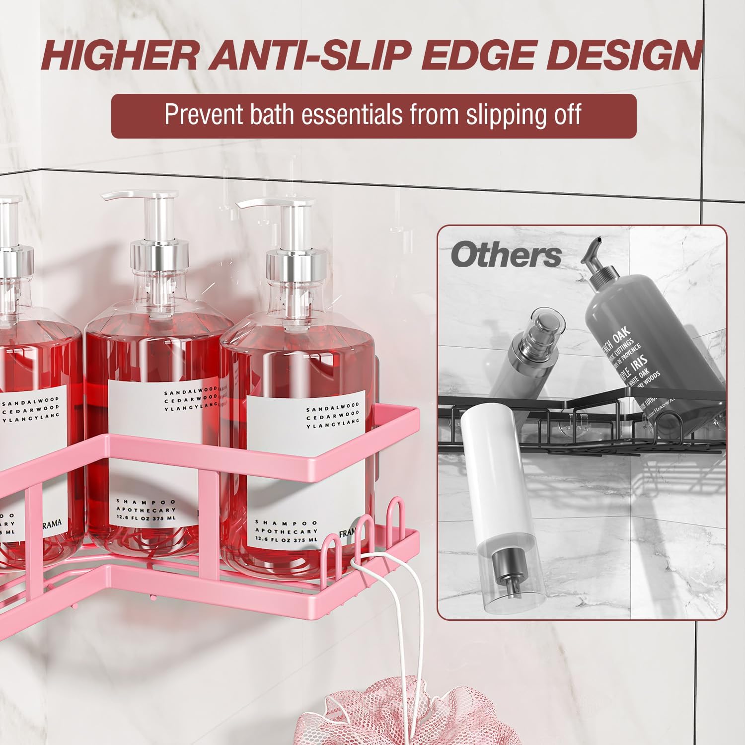 Youvip 4-Pack Adhesive Corner Shower Caddy - Rustproof Wall-Mounted Organizer for Bathroom & Kitchen | Pink