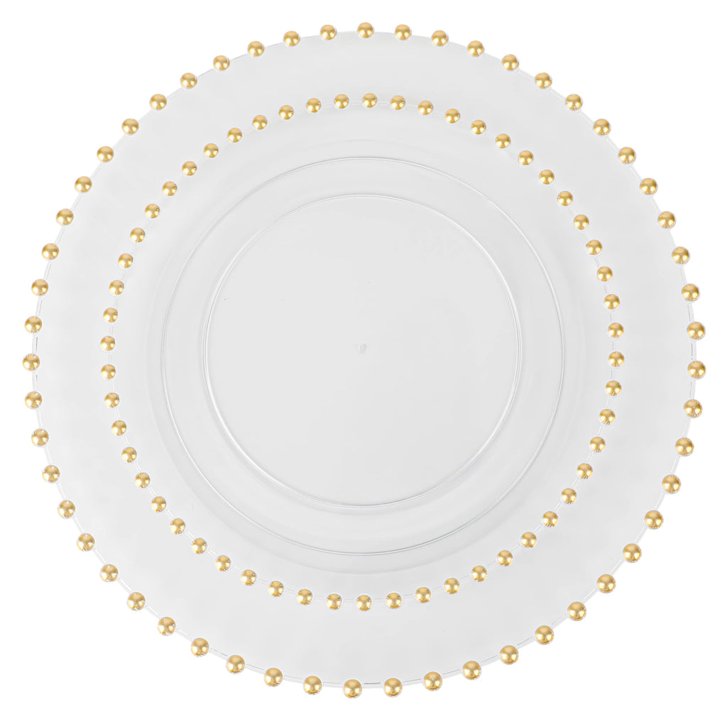 PLASTICPRO 32 Piece Combo Plastic Dinner Plates Disposable Plastic Fancy Heavy Duty Party Dishes 7 inch and 10 inch, Clear and Gold Beaded
