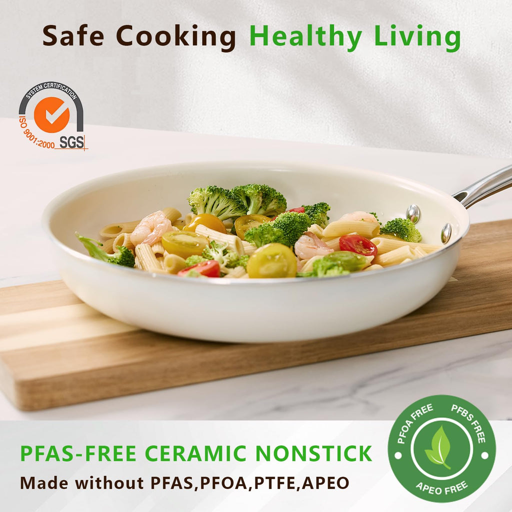 SAKAMOSH 11" Ceramic Frying Pan Nonstick, Skillet, Cooking Pan Non Toxic with Stay Cool Handle for Induction, Chef's Pan, PTFE & PFAS & PFOA Free, Dishwasher/Oven Safe, White