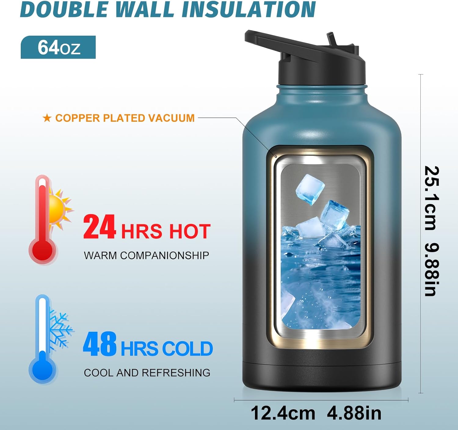 Skiennix 64oz Insulated Water Bottle - Cold for 48 Hrs, BPA Free & Leak Proof | Half Gallon Flask in Black/Blue