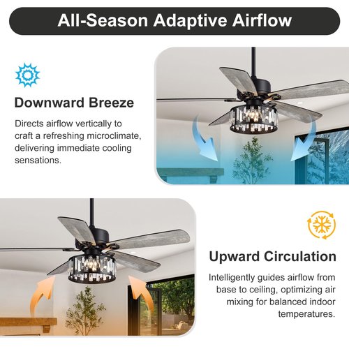 Breezary 52 Inch Farmhouse Ceiling Fan with Light and Remote, Quiet Reversible AC Motor, 5 Blades, Industrial Modern Downrod Mount Black Ceiling Fan with Crystal Light Fixture for Bedroom