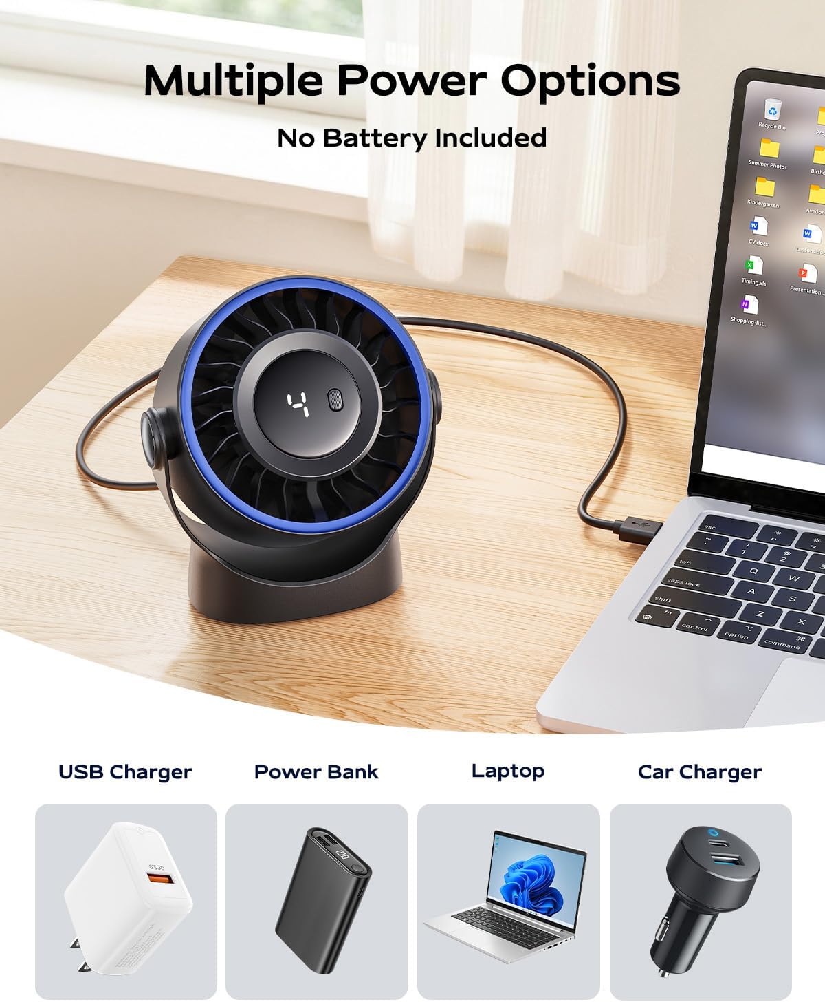 Sweetfull USB Small Desk Fan - 5-Inch Mini Personal Fan with 4 Speeds, 360° Adjustable Tilt, Quiet & Portable - Black
