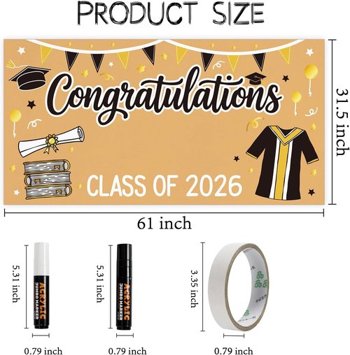 2026 Graduation Decorations | Black and Gold DIY Banner - 61 x 32 Inch Congrats Photo Backdrop