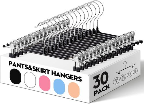 HUADYMEET 30-Pack 12-Inch Metal Pants Hangers - Heavy-Duty Non-Slip Clips for Jeans & Skirts | Black
