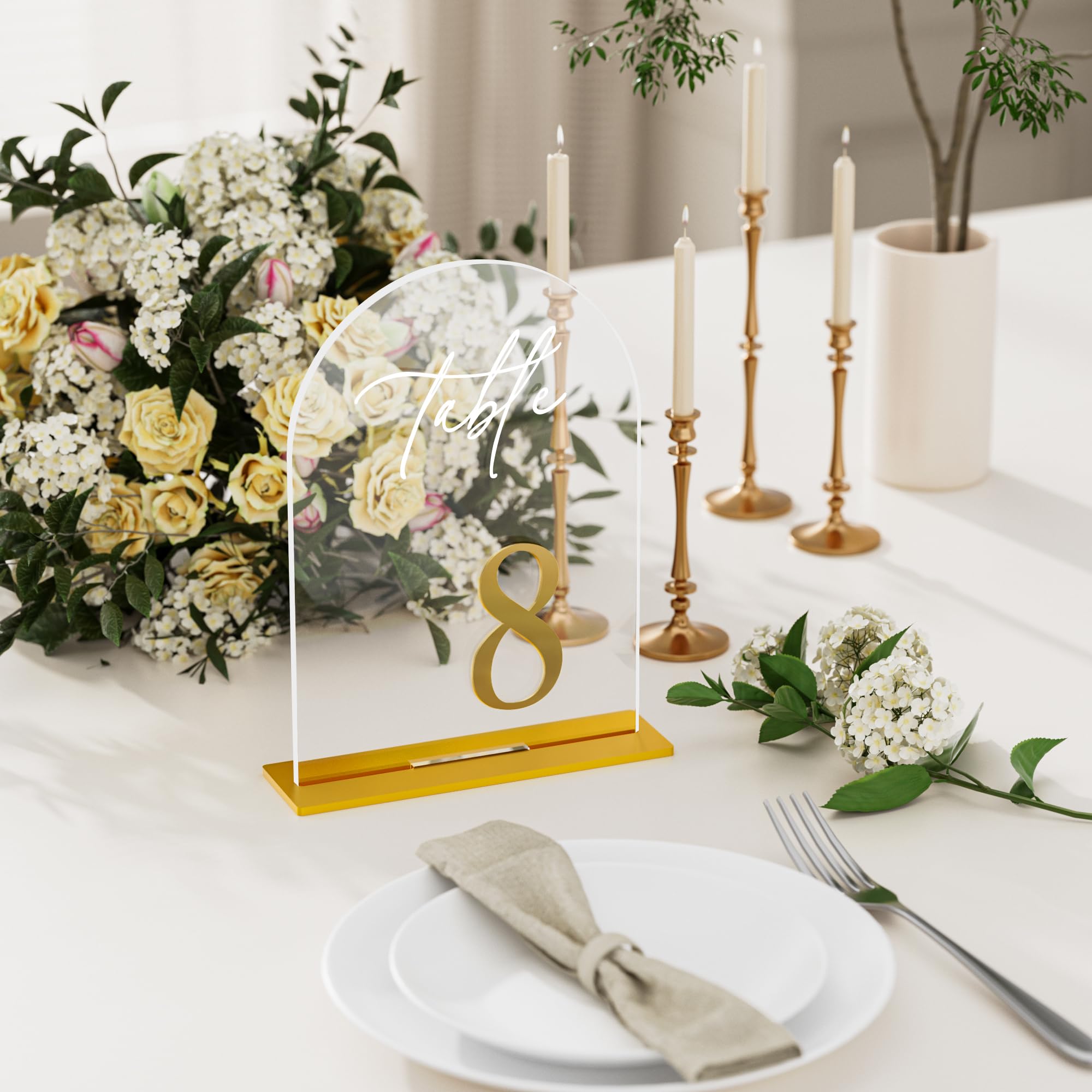iFaveorr Arch Wedding Table Numbers 1-10 with Stands, Elegant Gold Number 5.5 x 7” Arch Acrylic Signs with Holders, Clear Acrylic Table Numbers for Wedding Reception, Anniversary, Party, Events