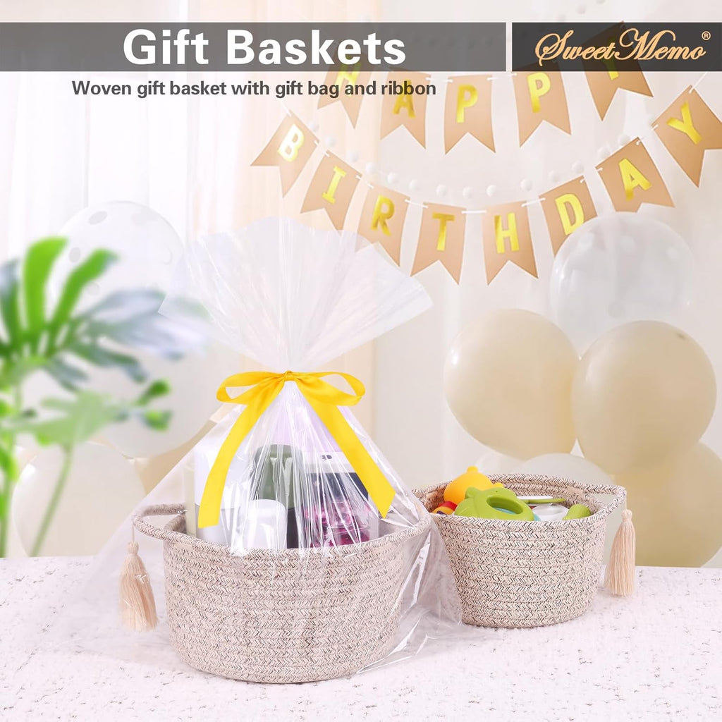SweetMemo Mini Woven Rope Organizer Baskets - Decorative Gift Basket for Baby Showers & Home Storage - Warm Brown