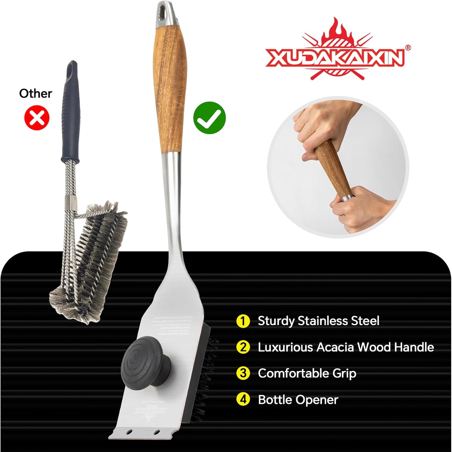XUDAKAIXIN Nylon Grill Brush - Dual Grip Design with Luxurious Acacia Wood Handle | Safe for Barbecue Grates (Black)