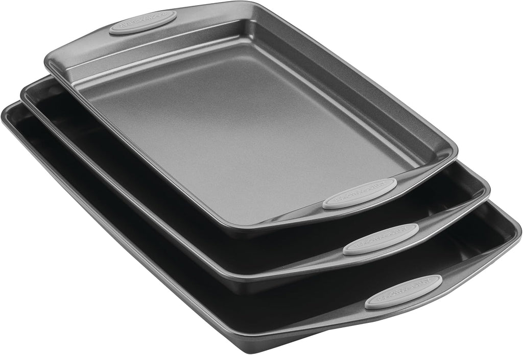 Rachael Ray Nonstick Bakeware Set - 3-Piece Cookie Sheets with Grips, Gray & Sea Salt Gray